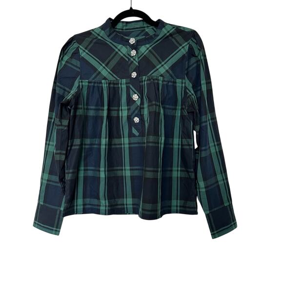 J. Crew Blouse Womens Small Tartan Top Jeweled Buttons Holiday Preppy Academia - Picture 1 of 5